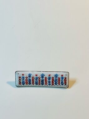 VTG Copper Hand-Painted White Enamel Bar Brooch with Blue & Red Flowers C Clasp